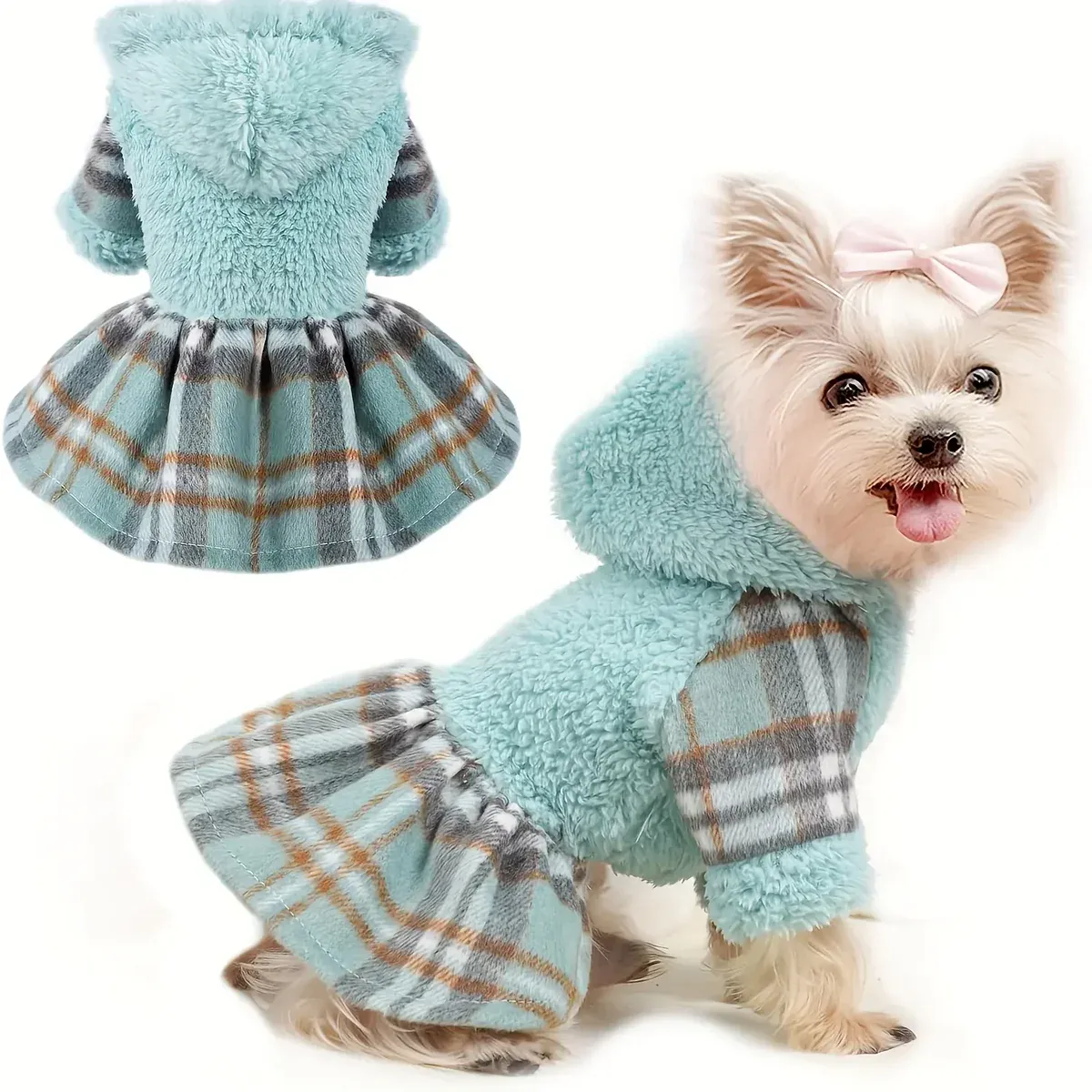 cef849c9-ddec-47cd-81b2-f9b820f4d1f9 Fleece Hooded Dog Sweater for Warmth in Cold Weather with Plaid Pattern – main image